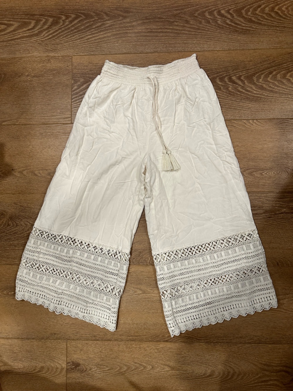 American Eagle Outfitters Wide Leg Crochet-Trim Pants - cream
